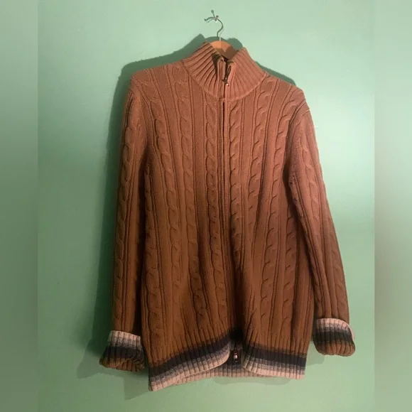 BANANA REPUBLIC MEN’s CHUNKY  YARN ZIPPED TAN CARDIGAN Sweater Lrg COZY - Picture 3 of 10